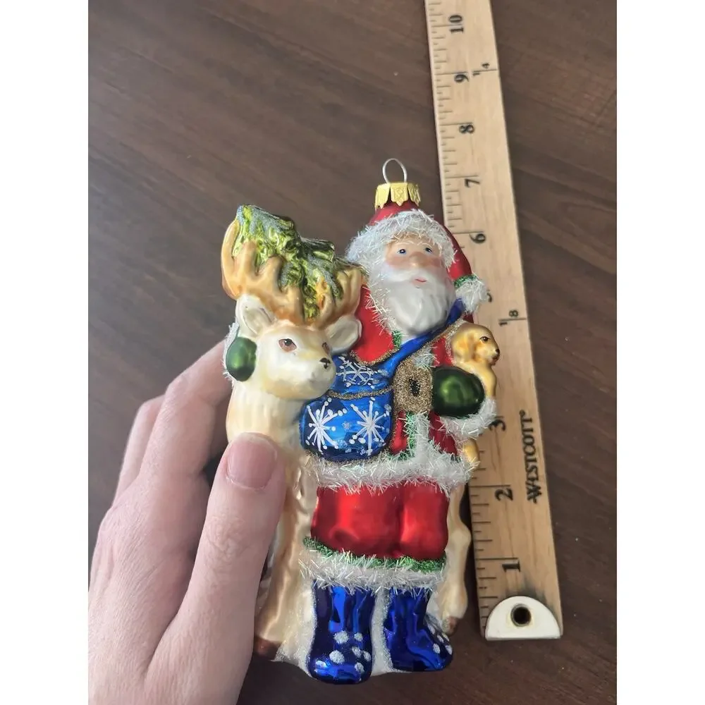 Vintage Glass Christmas Ornament Santa And Deer With Texture Hand Painted